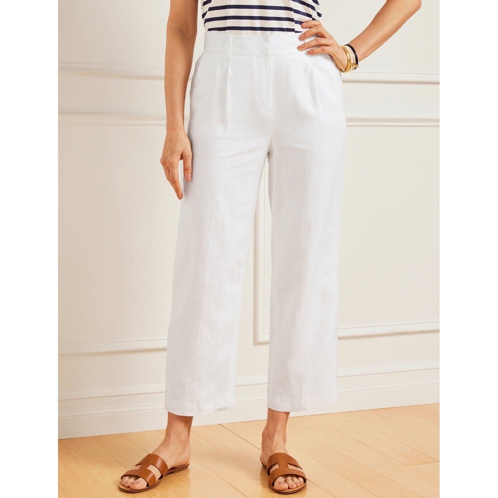 Talbots Bristol Linen Crop Pants Women 10 White High Rise Lined Trouser Straight
